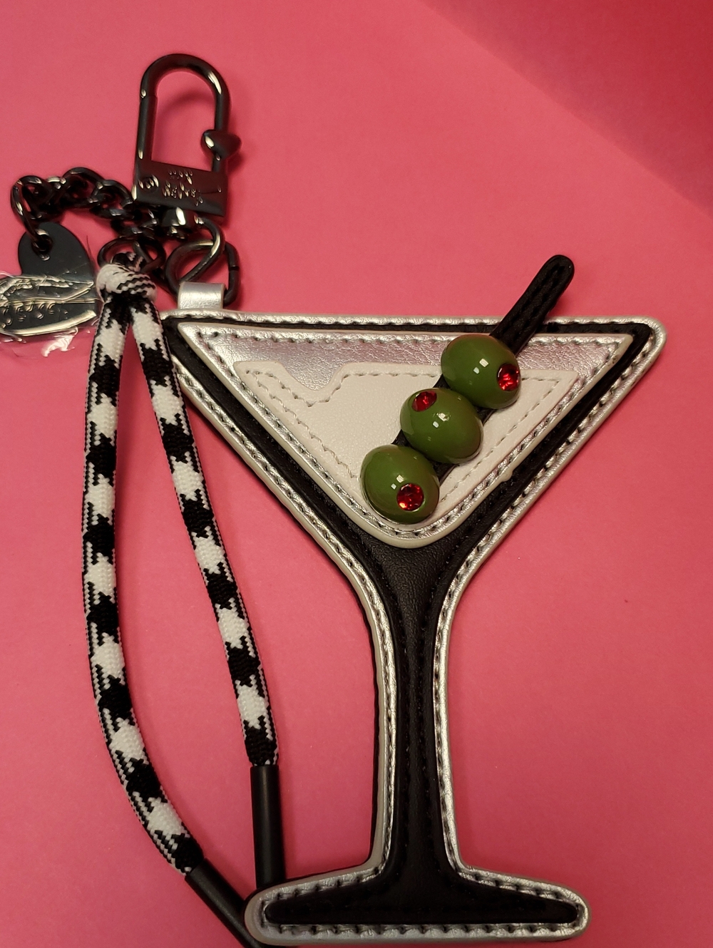 Betsey Johnson Black & White Martini Glass Keychain with Green Olive Accents